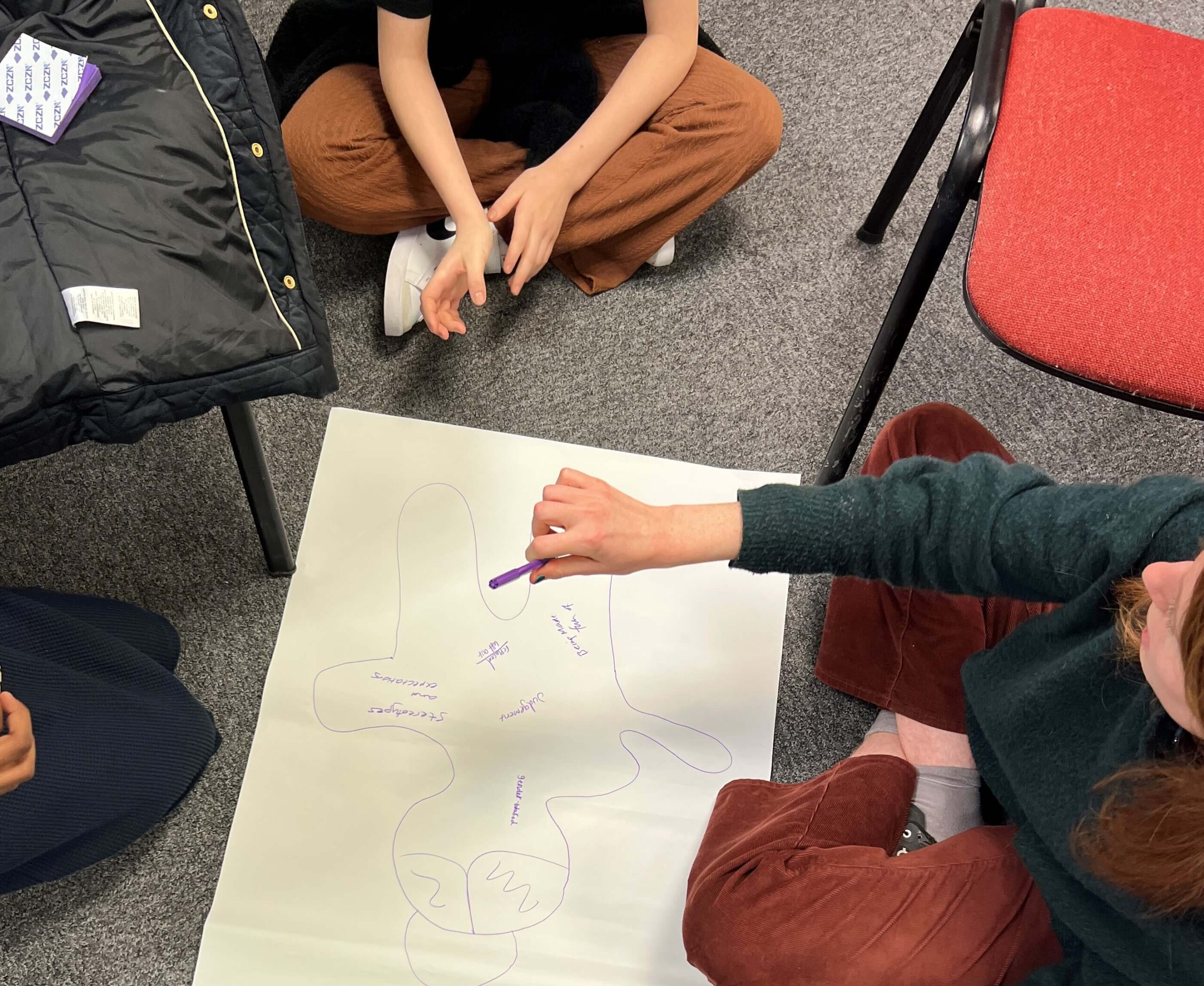 Girls sitting on the floor writing on a flipchart